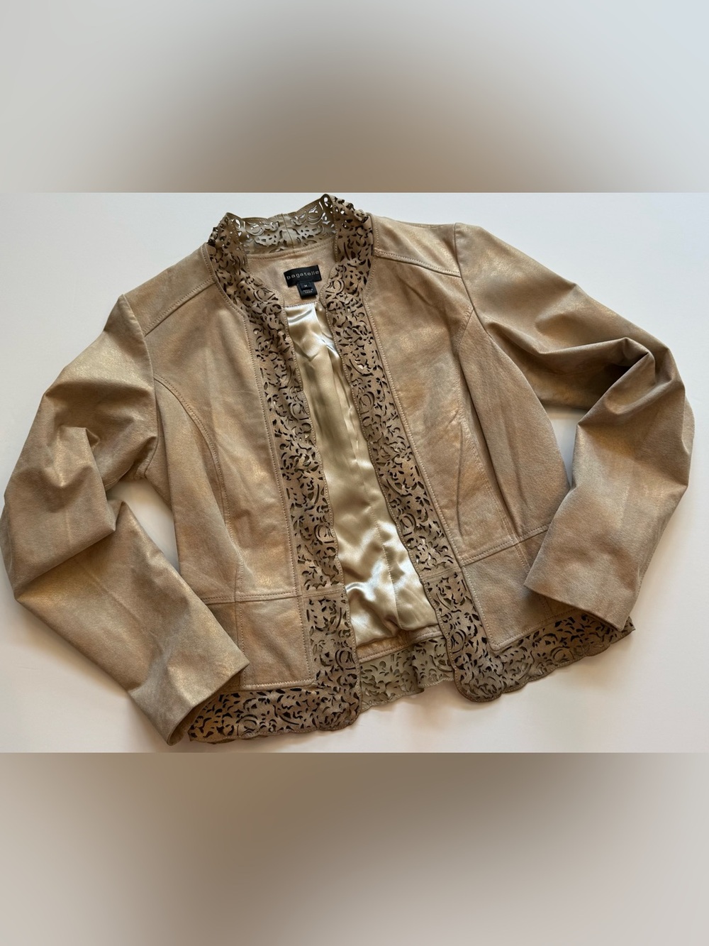 Bagatelle Women’s M Leather Jacket Metallic Beige Open Front Trim Cut Outs Lined